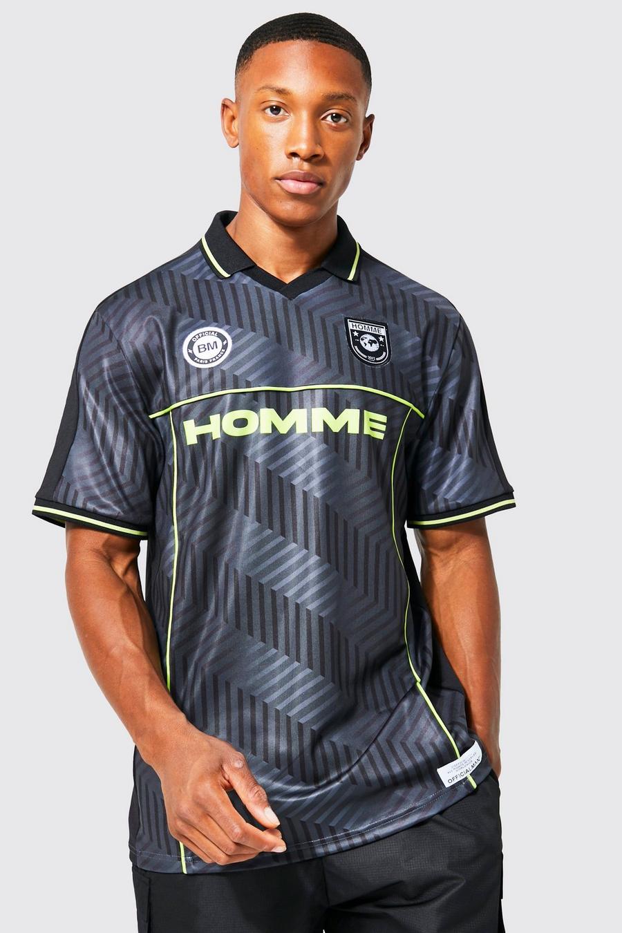 Black V Neck Homme Football Patterned T-shirt image number 1