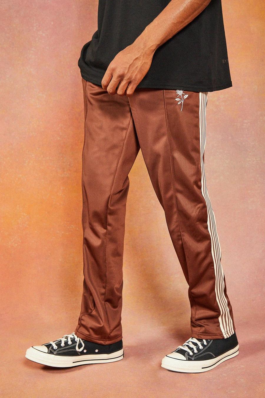 Brown Regular Fit Rose Embroidered Tricot Joggers image number 1