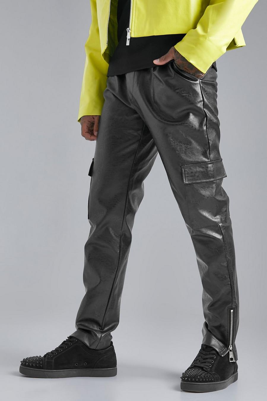 Pantaloni Cargo Slim Fit in PU, Black negro image number 1