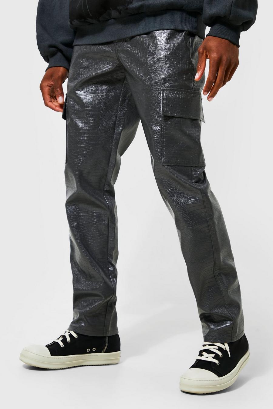 Grey Fixed Waist Straight Croc Pu Cargo Trouser image number 1