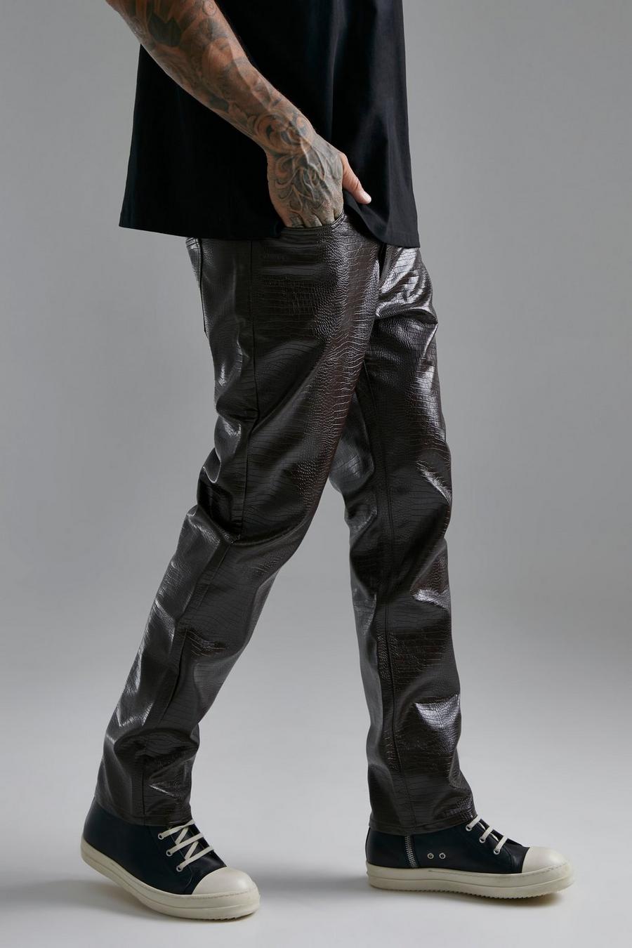 Pantalón recto de cuero sintético con acabado de cocodrilo, Chocolate marrón image number 1