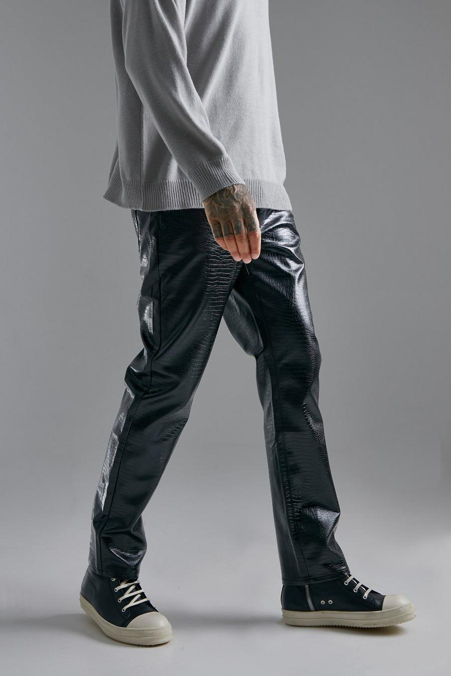 Pantalón recto de cuero sintético con acabado de cocodrilo, Black image number 1
