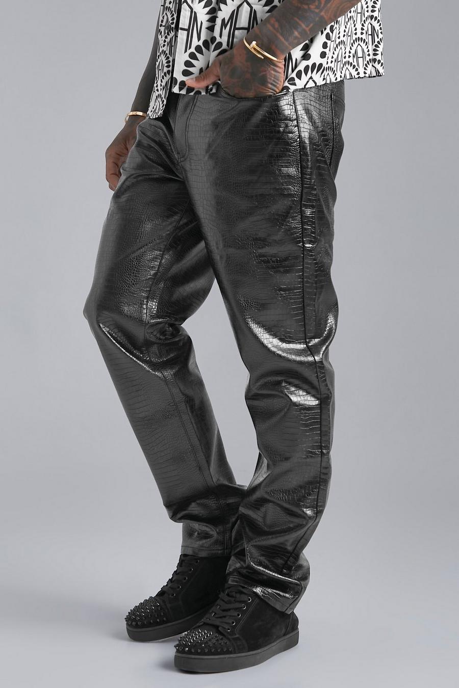 Pantalón recto de cuero sintético con acabado de cocodrilo, Black nero