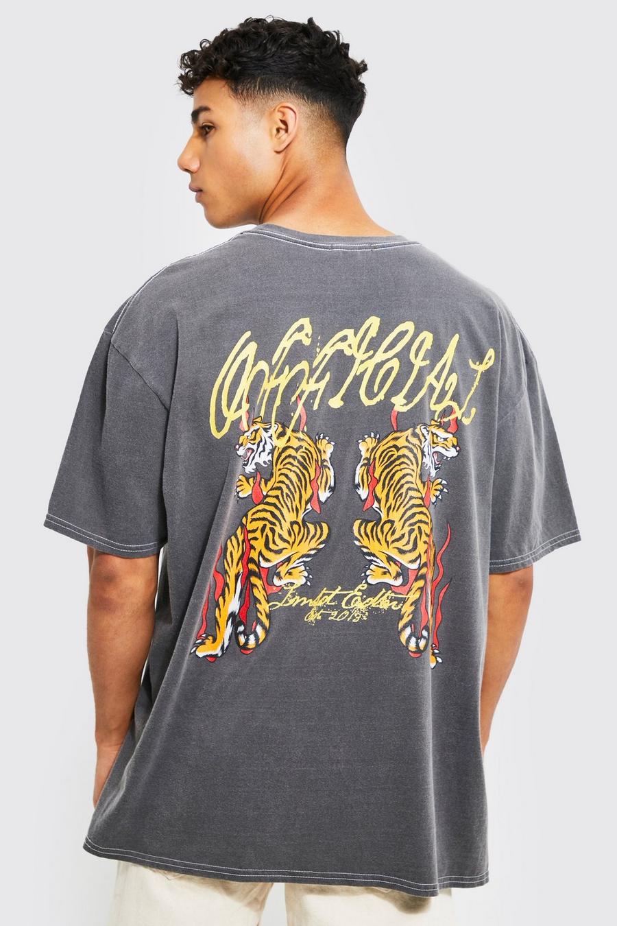 T-shirt oversize délavé à imprimé Tigre - Official, Charcoal grey