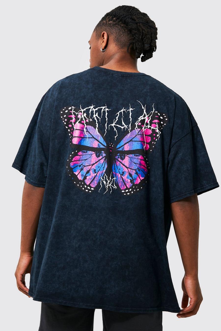Camiseta oversize con lavado de ácido y estampado de mariposas, Charcoal gris image number 1