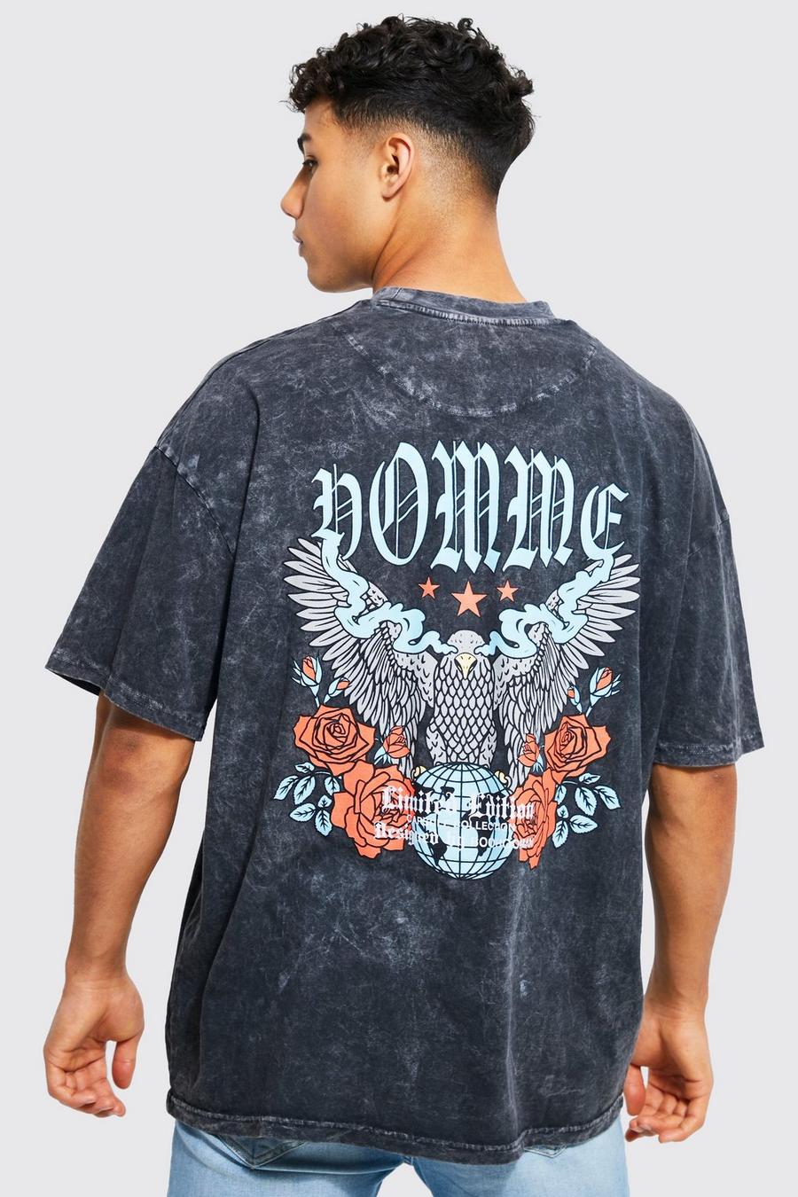 Charcoal gris Oversized Eagle Extended Neck Wash T-shirt