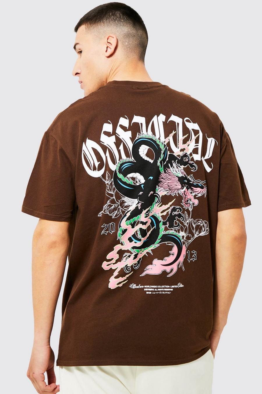 Camiseta con estampado gráfico de dragón en la espalda, Chocolate marrone