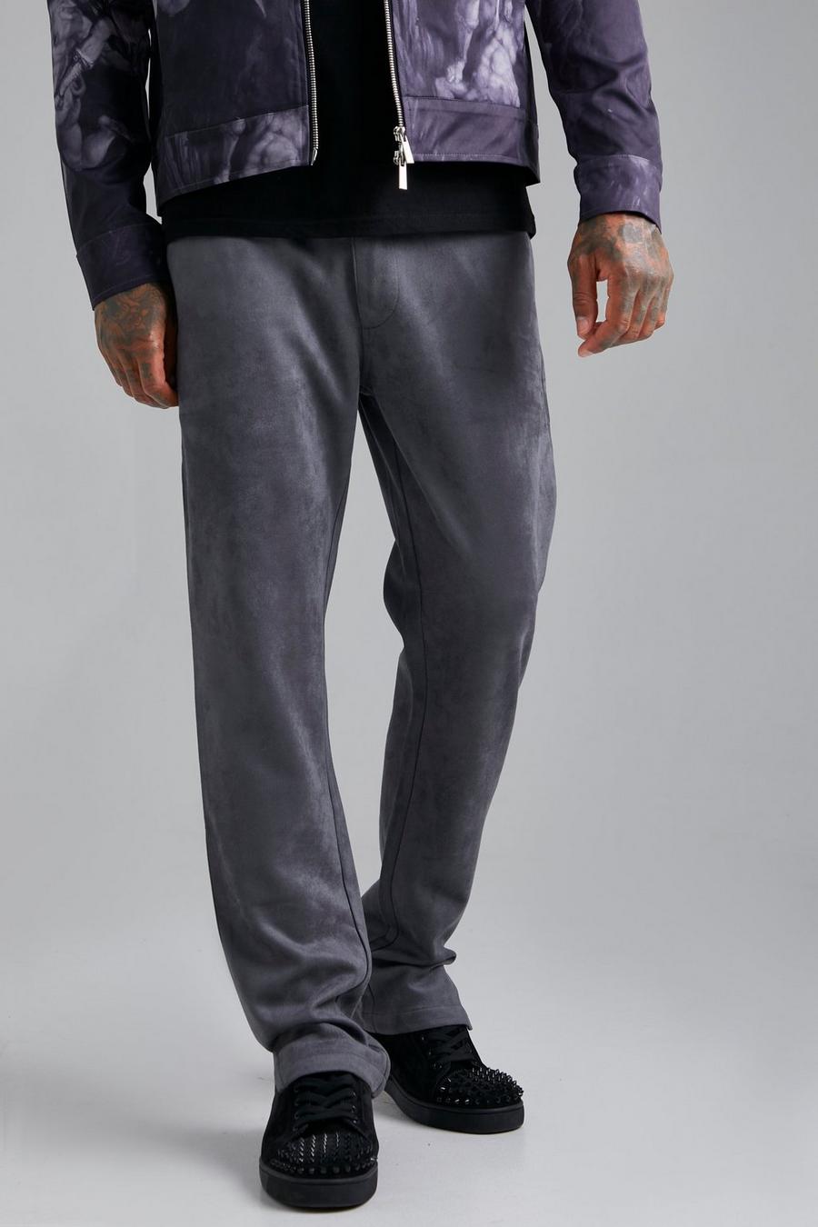 Charcoal grey Fixed Waist Slim Faux Suede Split Hem Trouser image number 1
