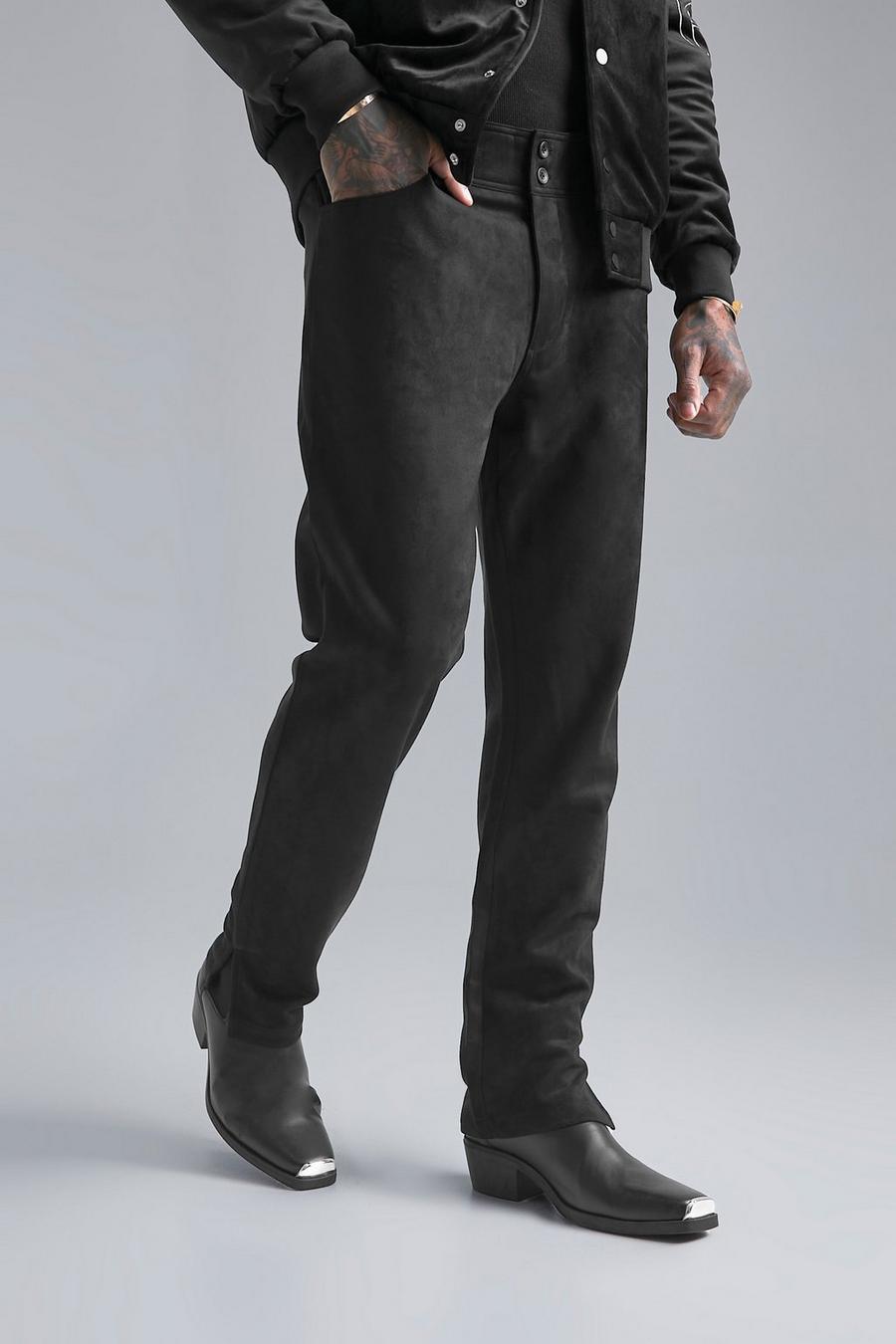 Pantaloni Slim Fit in scamosciato con spacco sul fondo, Black image number 1