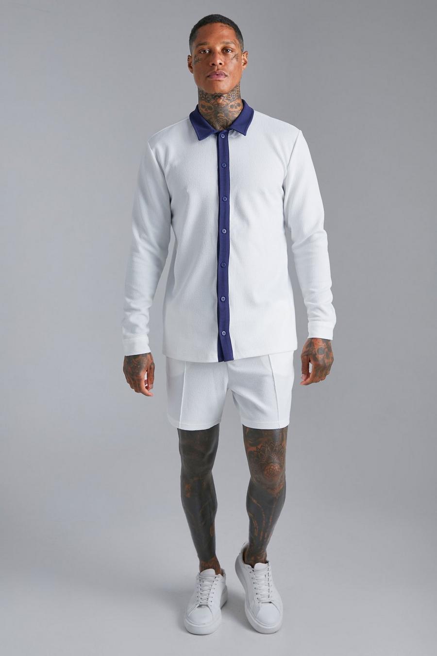 Pantalón corto y camisa texturizada de manga larga y tela jersey, Ecru white