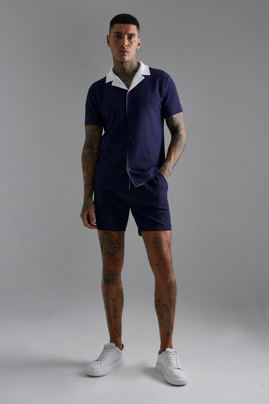 Navy marineblau Short Sleeve Jersey Textured Shirt And Short