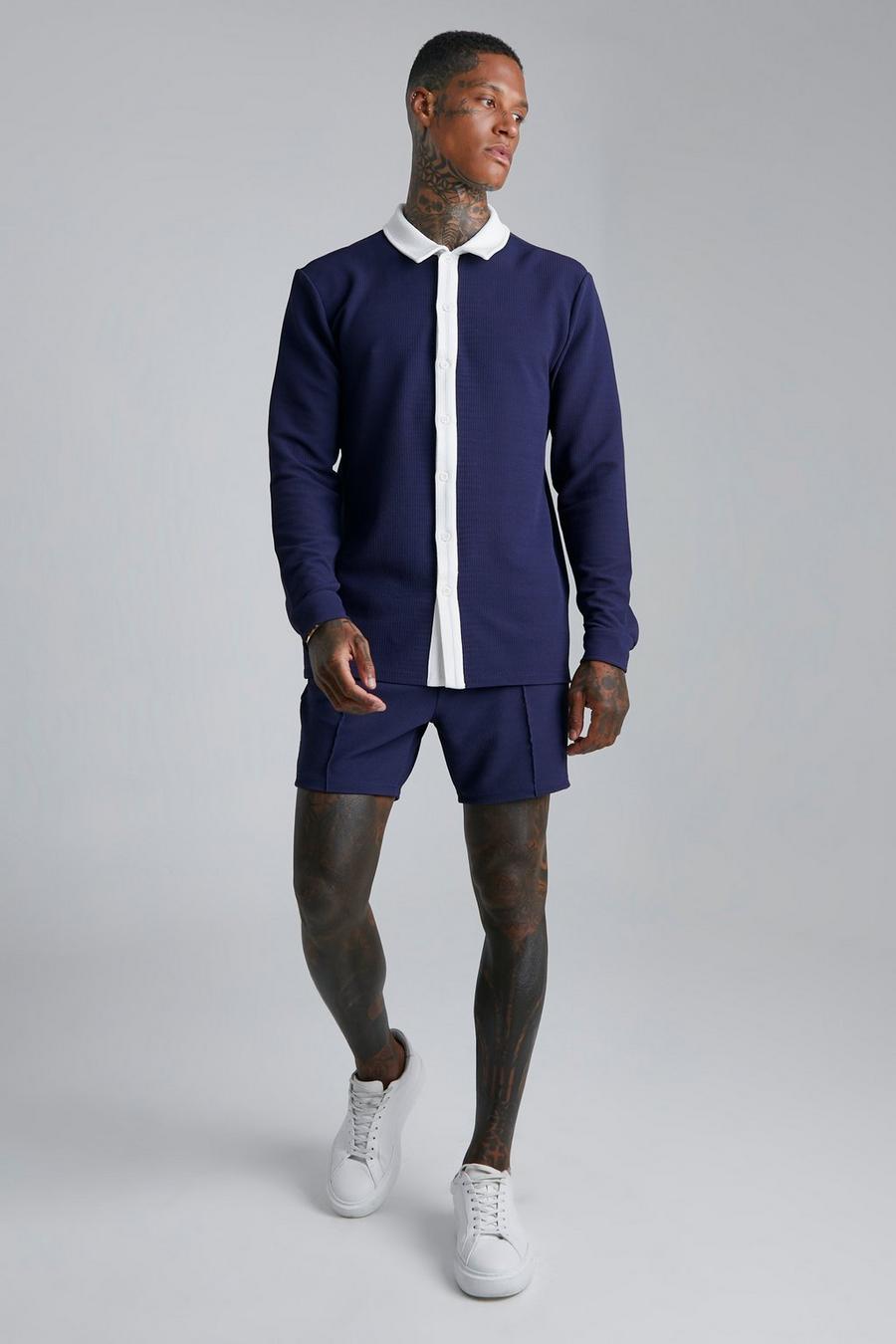 Pantalón corto y camisa texturizada de manga larga y tela jersey, Navy azul marino