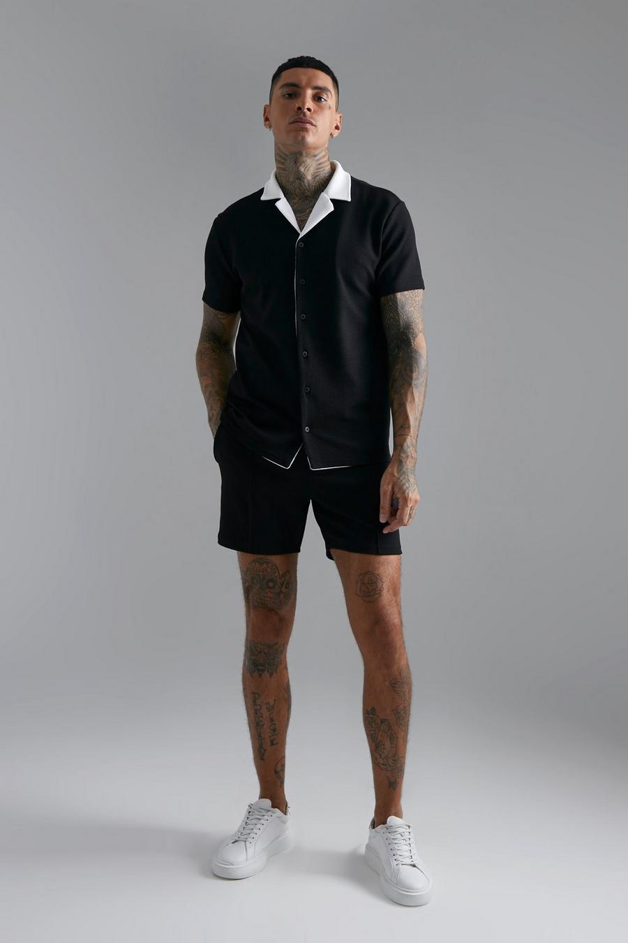 Black noir Short Sleeve Jersey Textured Shirt And Short