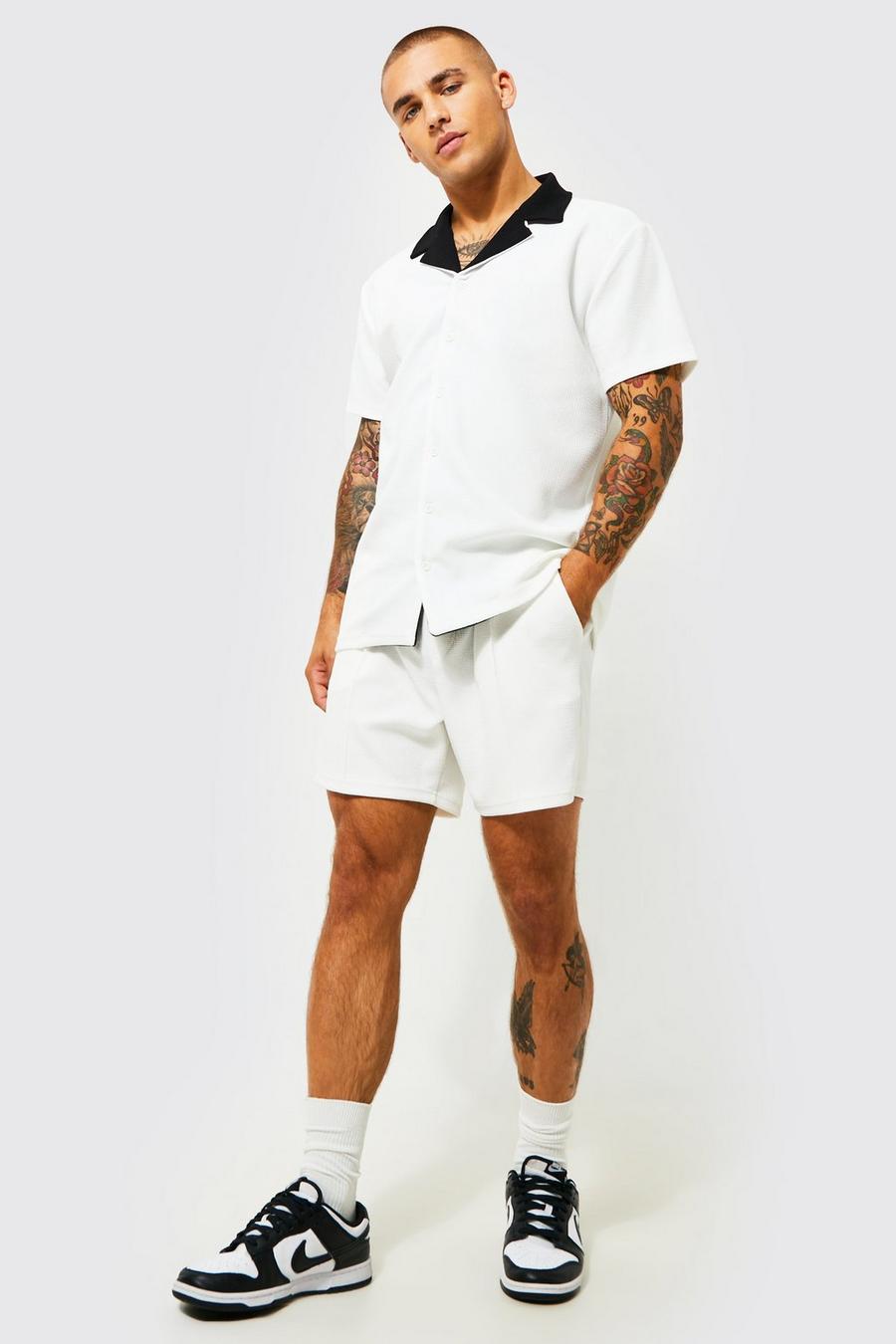 Ecru white Short Sleeve Jersey Textured Shirt And Short