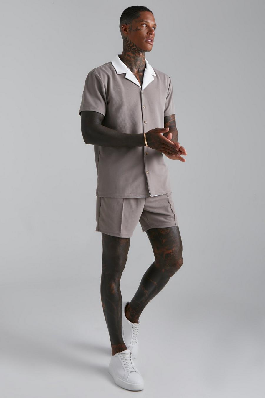 Taupe Short Sleeve Jersey Textured Shirt And Short image number 1