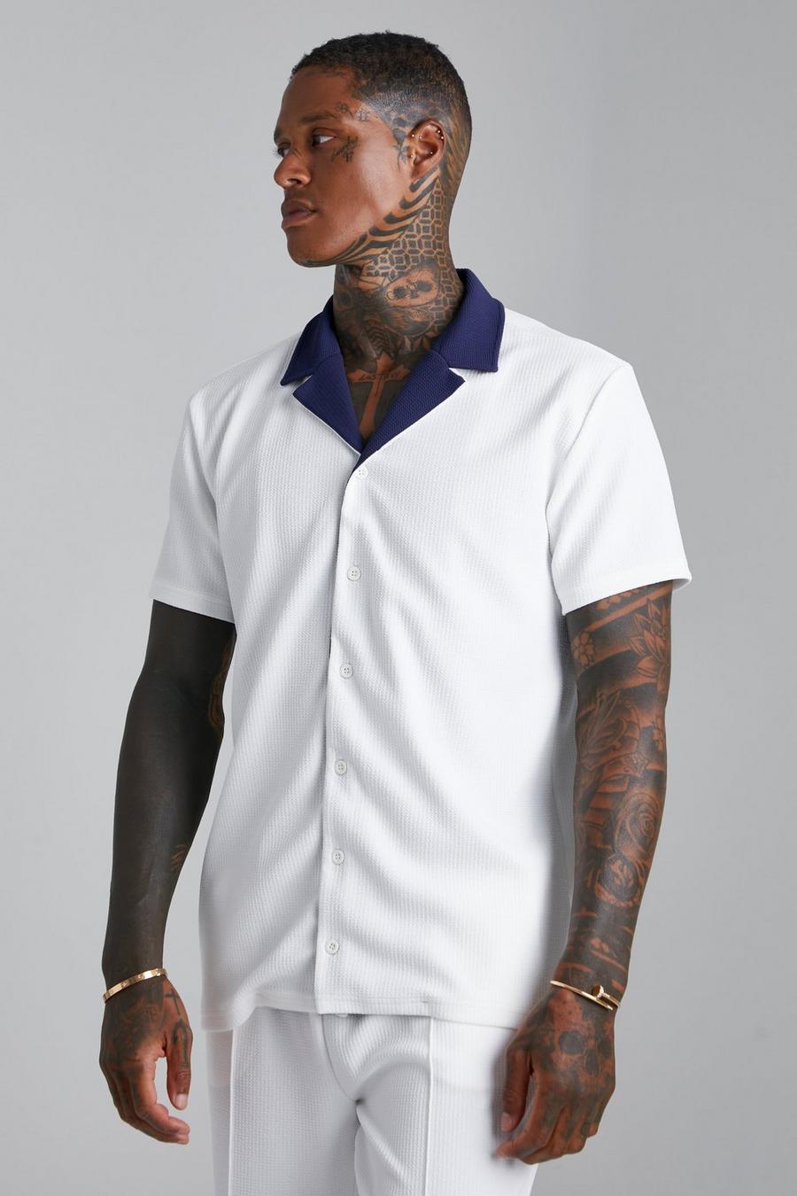 Ecru Jersey Overhemd Met Korte Mouwen En Textuur image number 1