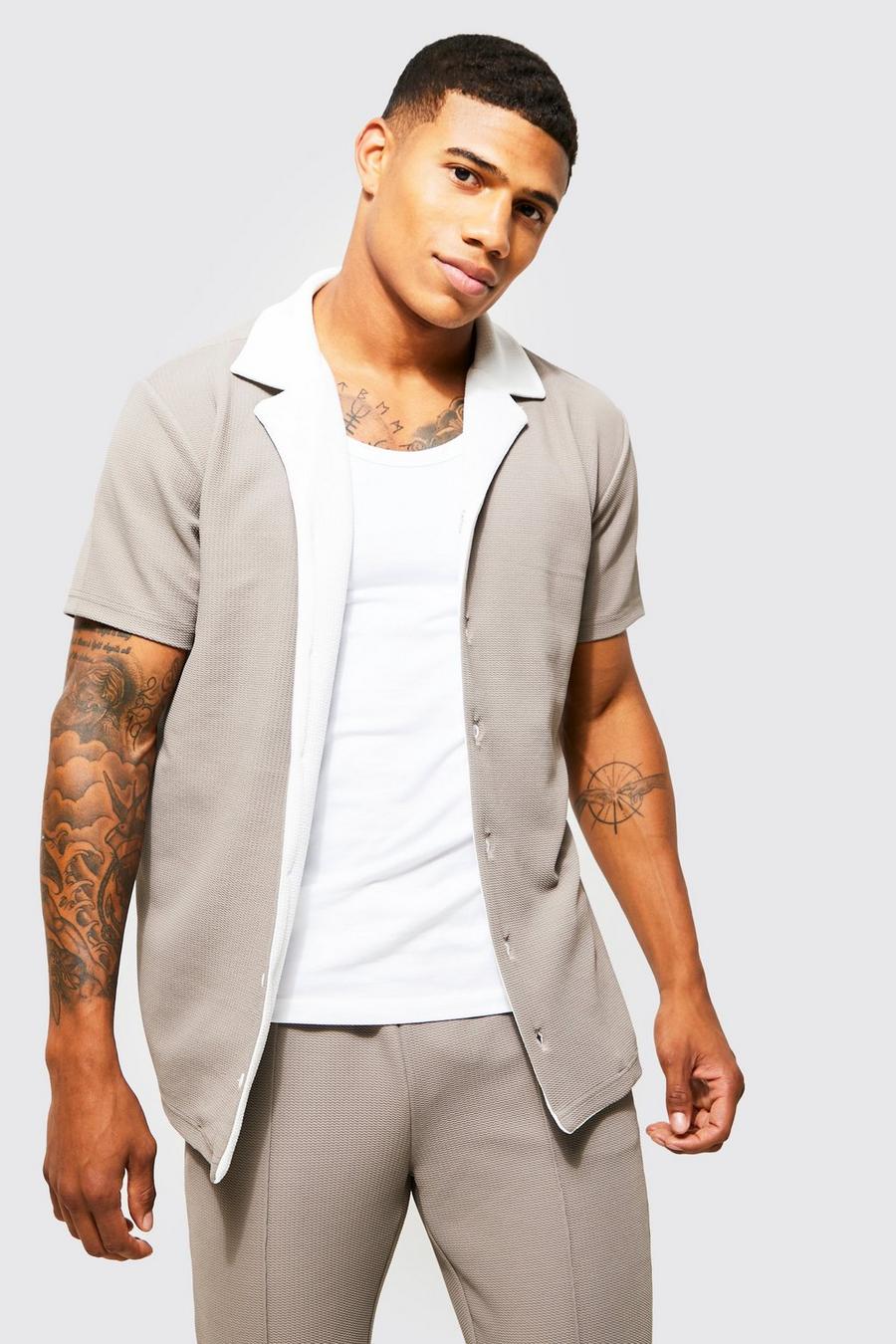 Taupe beige Short Sleeve Jersey Textured Shirt