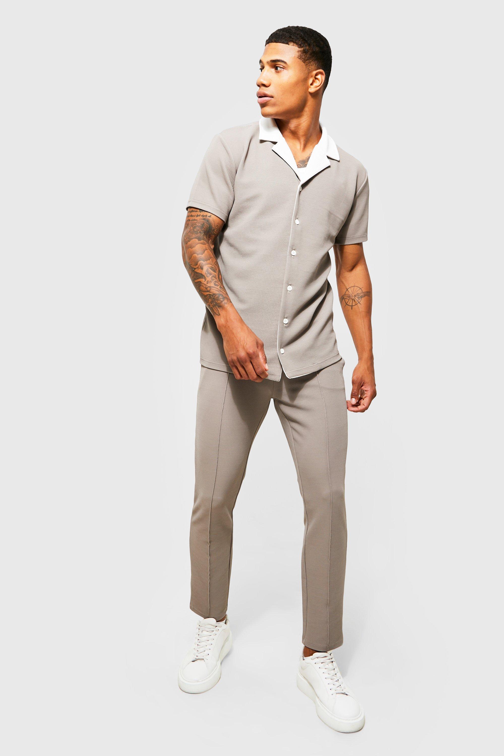 Taupe Short Sleeve Textured Jersey Shirt and Trouser Set