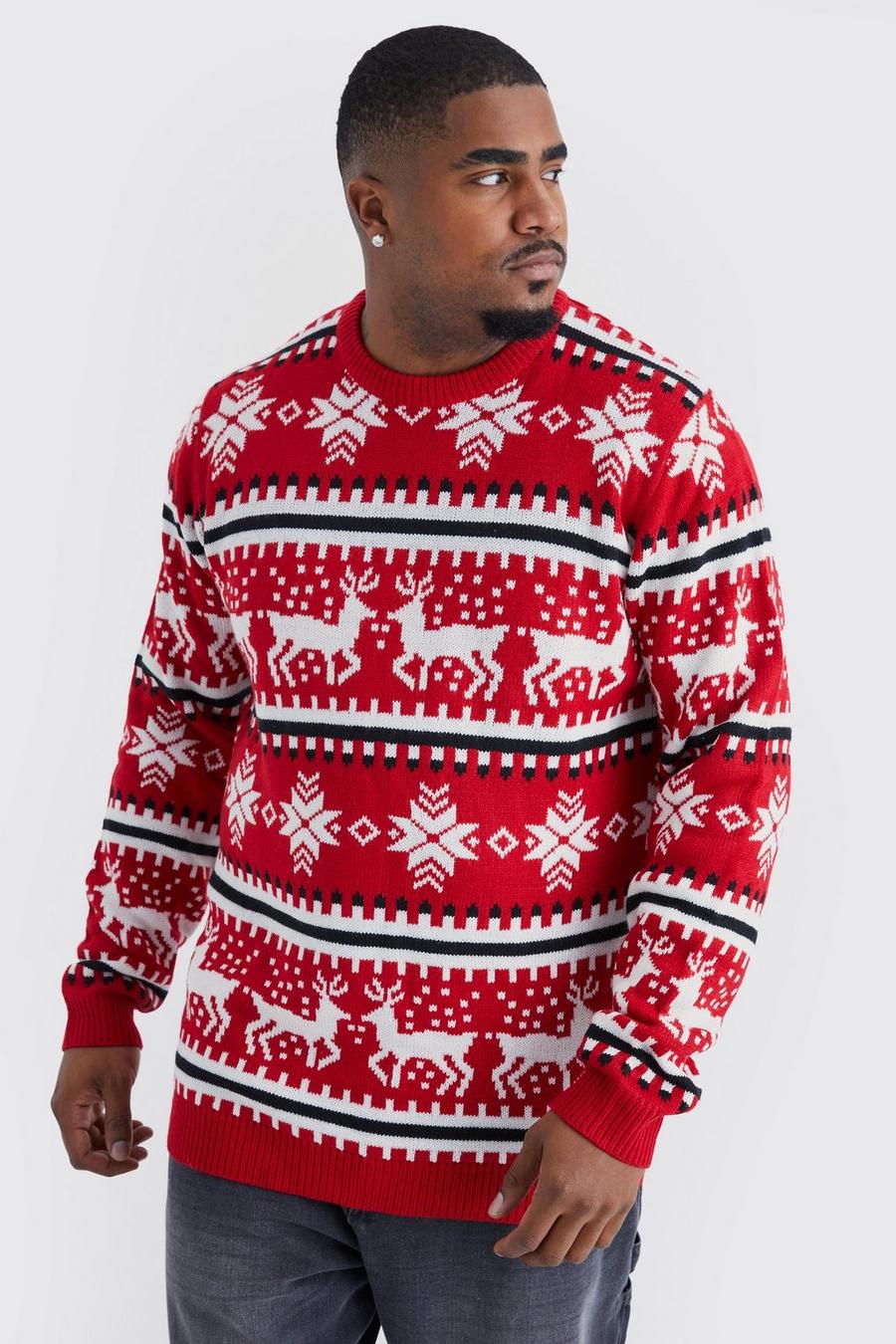 Pullover natalizio Plus Size con renne e motivi Fairisle, Red image number 1