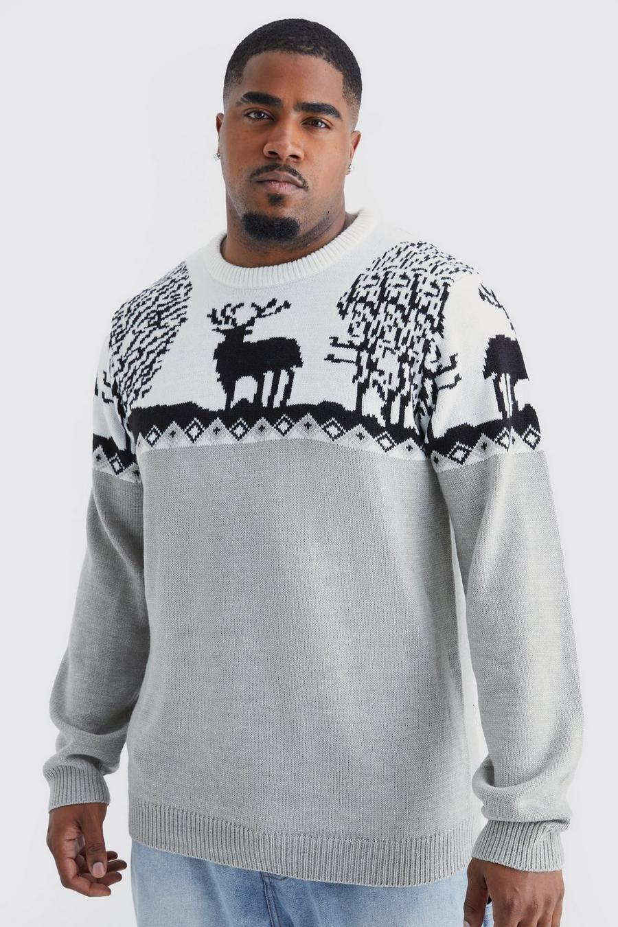 סלע אפור סוודר חג המולד סרוג בסגנון פייר אייל למידות גדולות