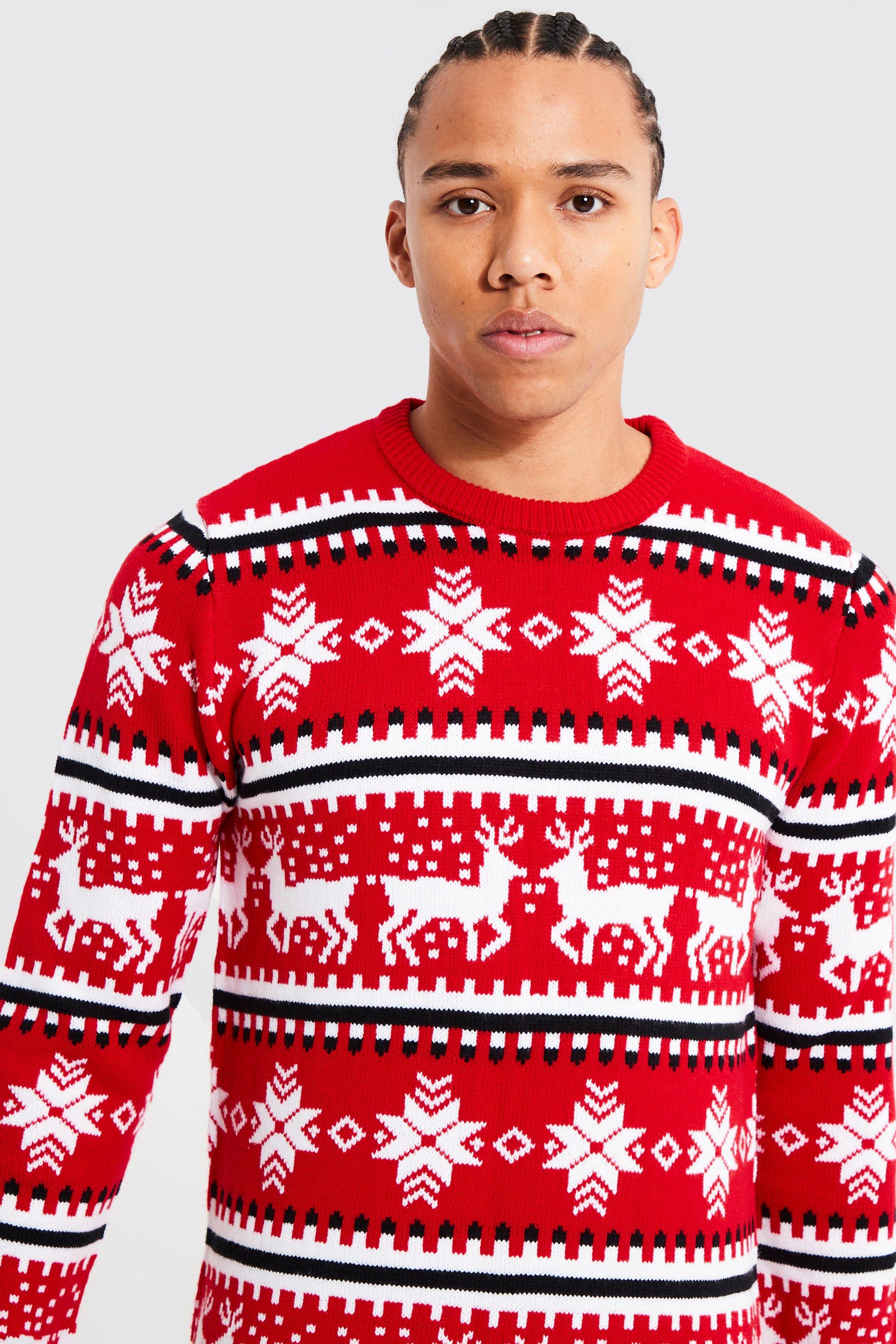 boohooMAN Men s Tall Reindeer Fairisle Christmas Jumper Red