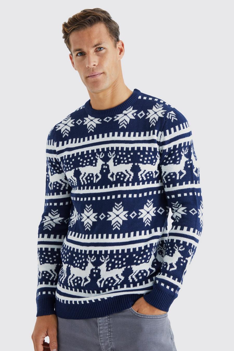 Navy Tall Reindeer Fairisle Christmas Sweater image number 1