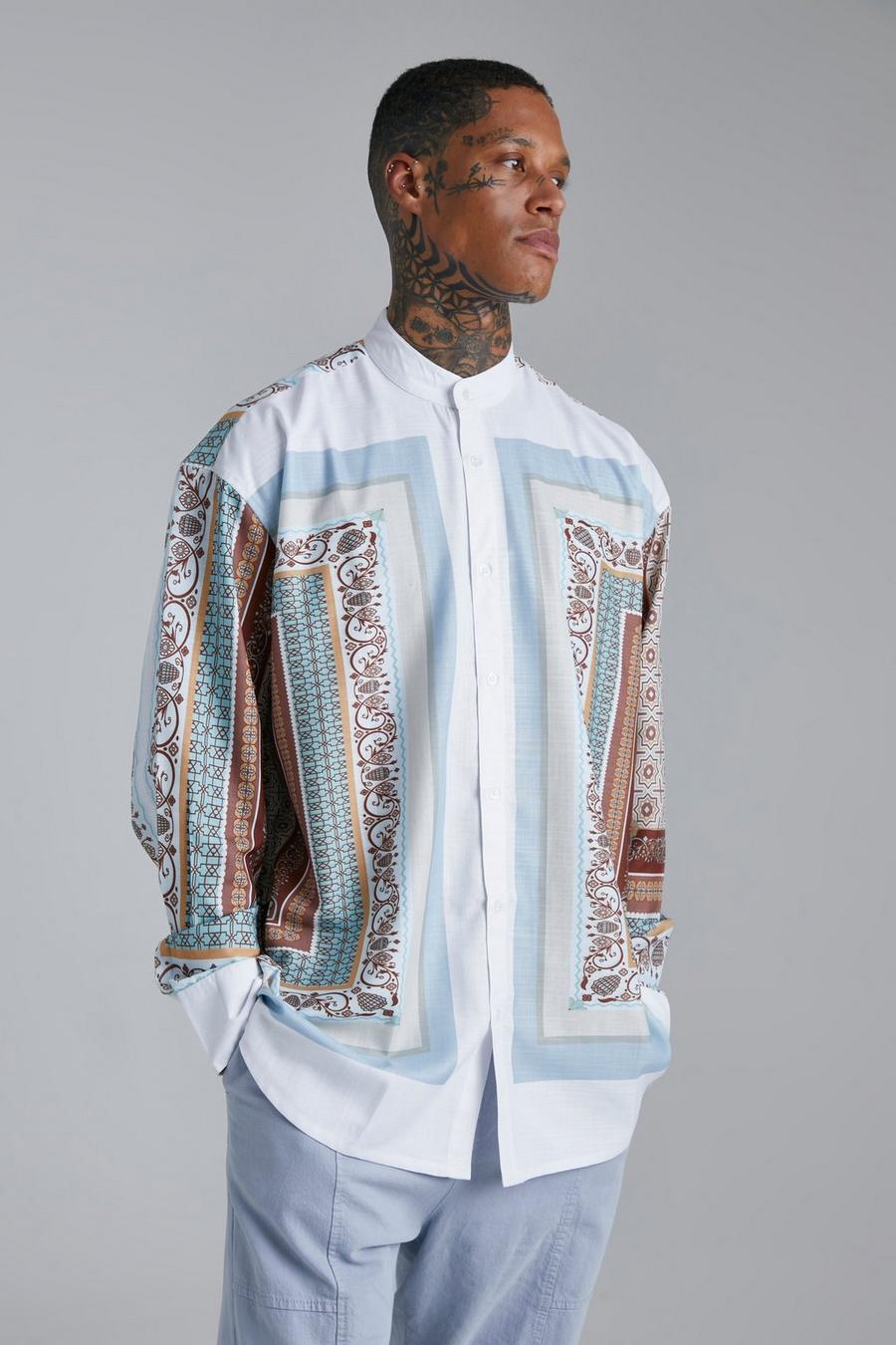 Camicia oversize a maniche lunghe con colletto serafino e bordi, White bianco image number 1
