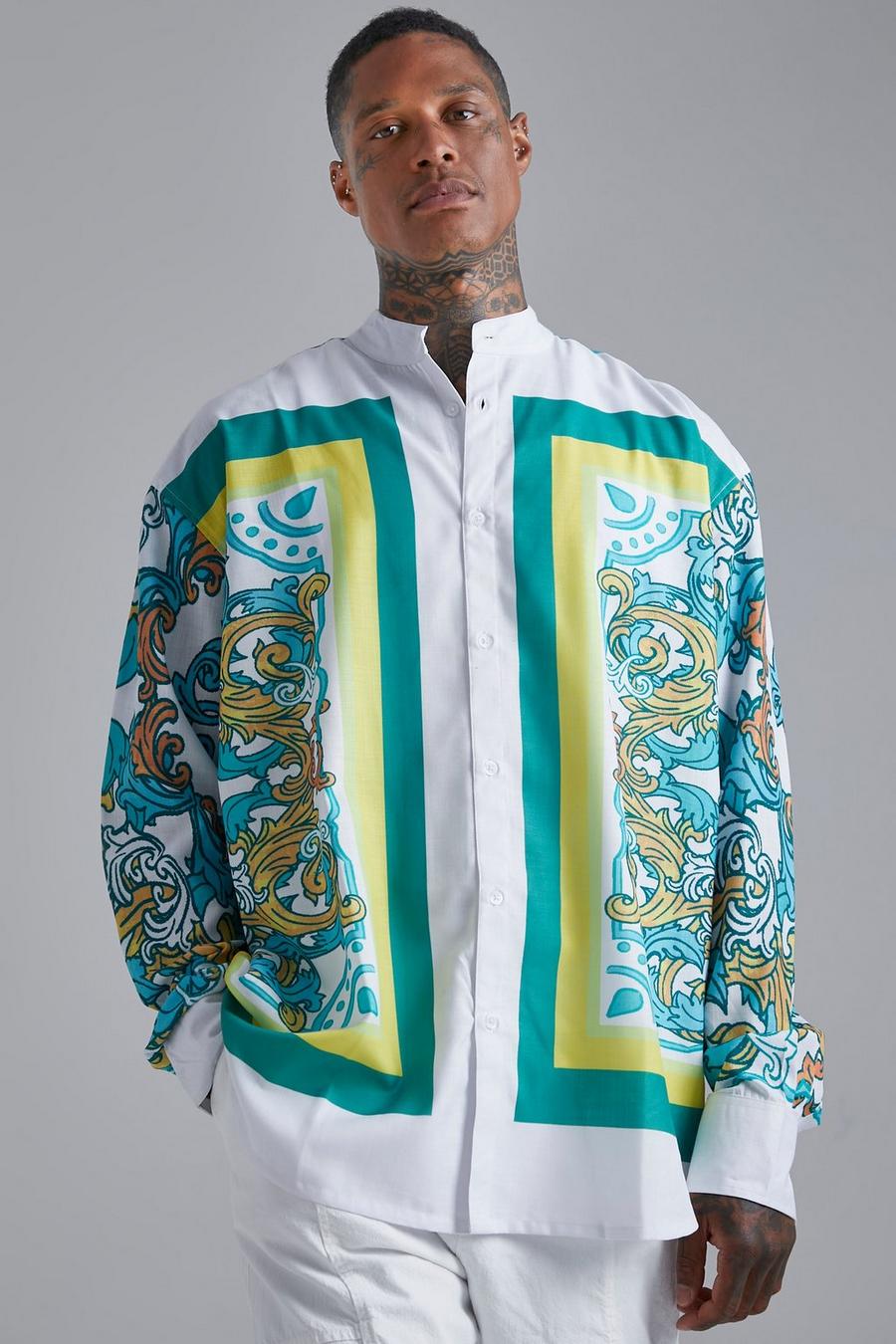 Camicia oversize a maniche lunghe con colletto serafino e bordi, White image number 1