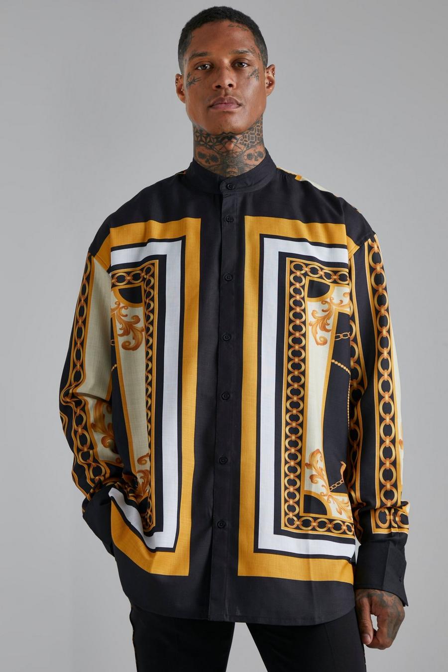 Camicia oversize a maniche lunghe con colletto serafino e bordi, Black image number 1