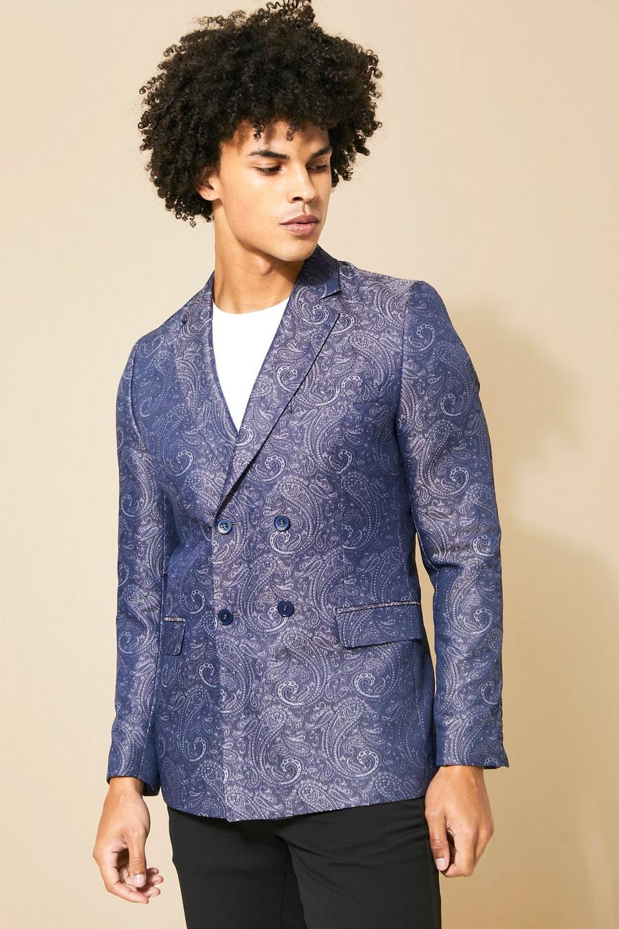 Purple Slim Double Breasted Paisley Blazer image number 1