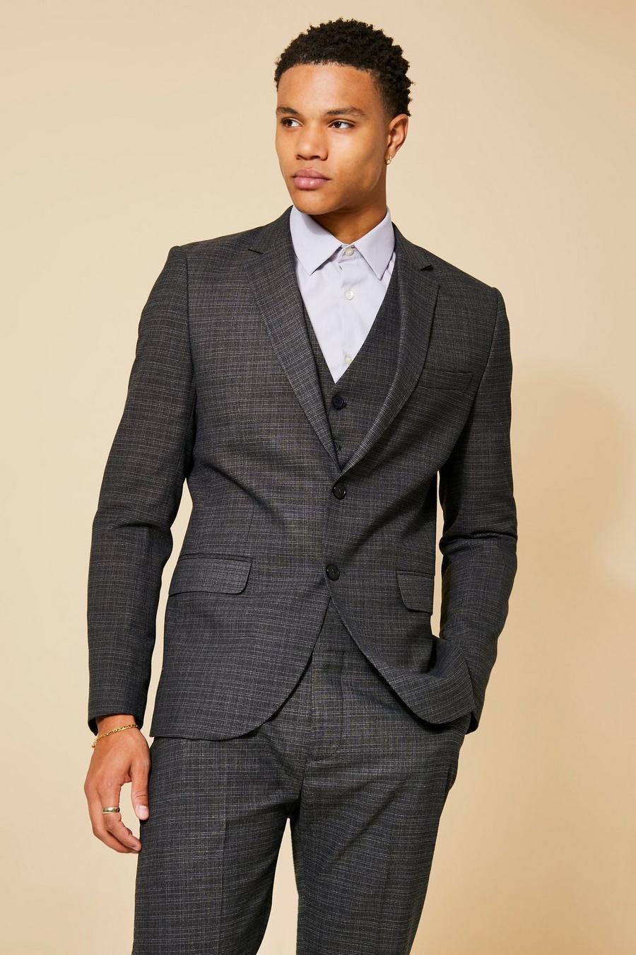 Black Slim Single  Breasted Micro Check Suit Jacket