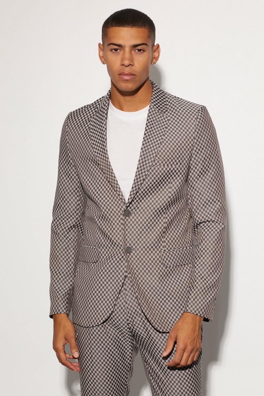 Grey Slim Single Breasted Checkerboard Suit Jacket image number 1