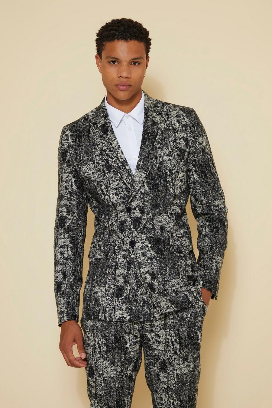 Black Skinny Double Breasted Textured Suit Jacket image number 1