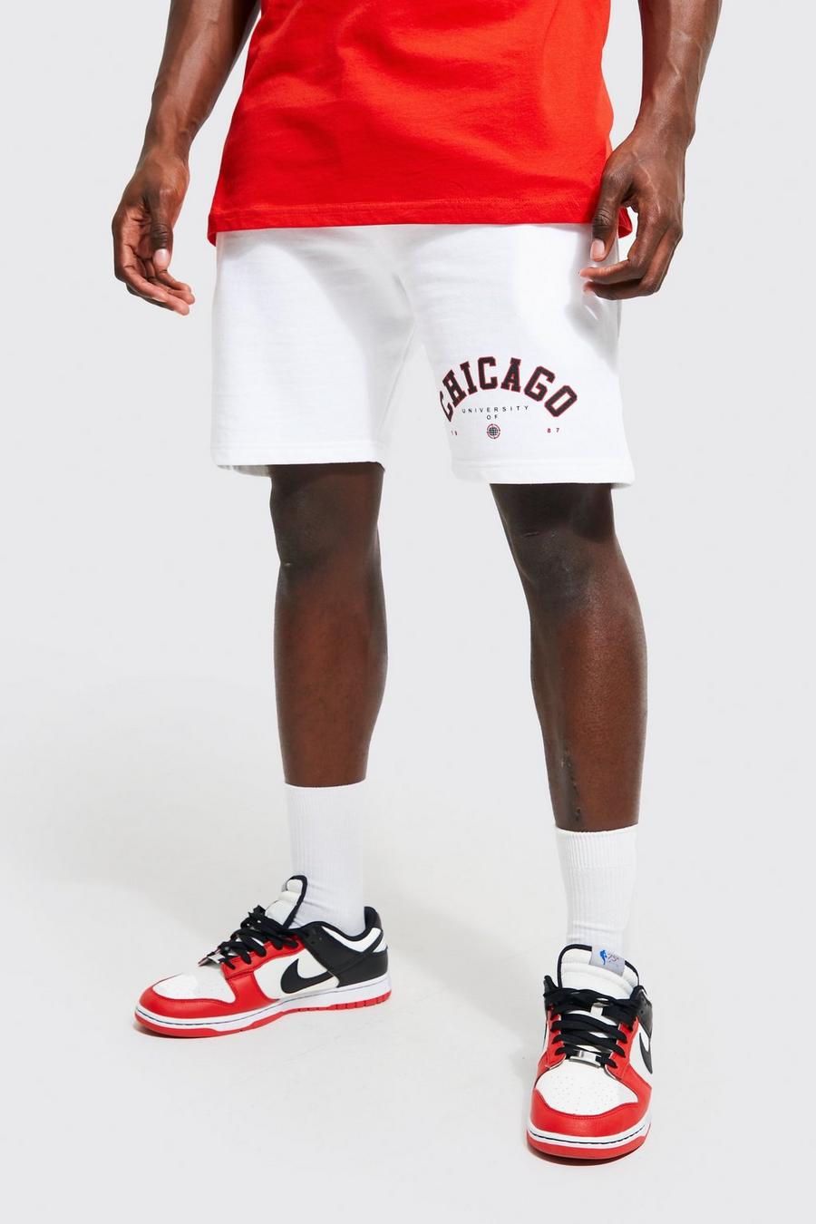 White Slim Fit Mid Chicago Print Jersey Shorts image number 1