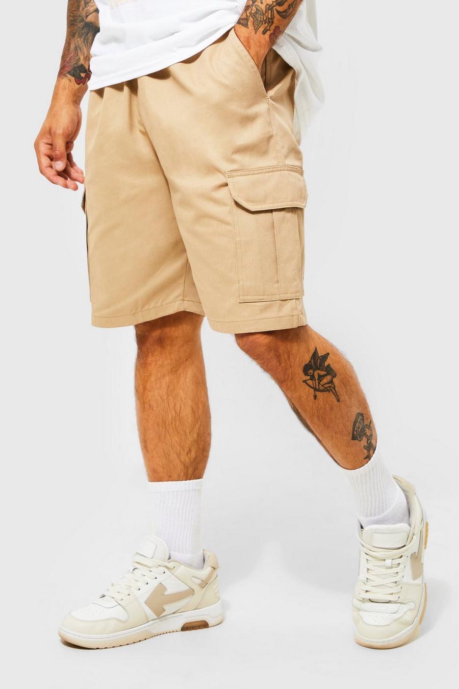 Stone beige Cargo Shorts Met Elastische Taille