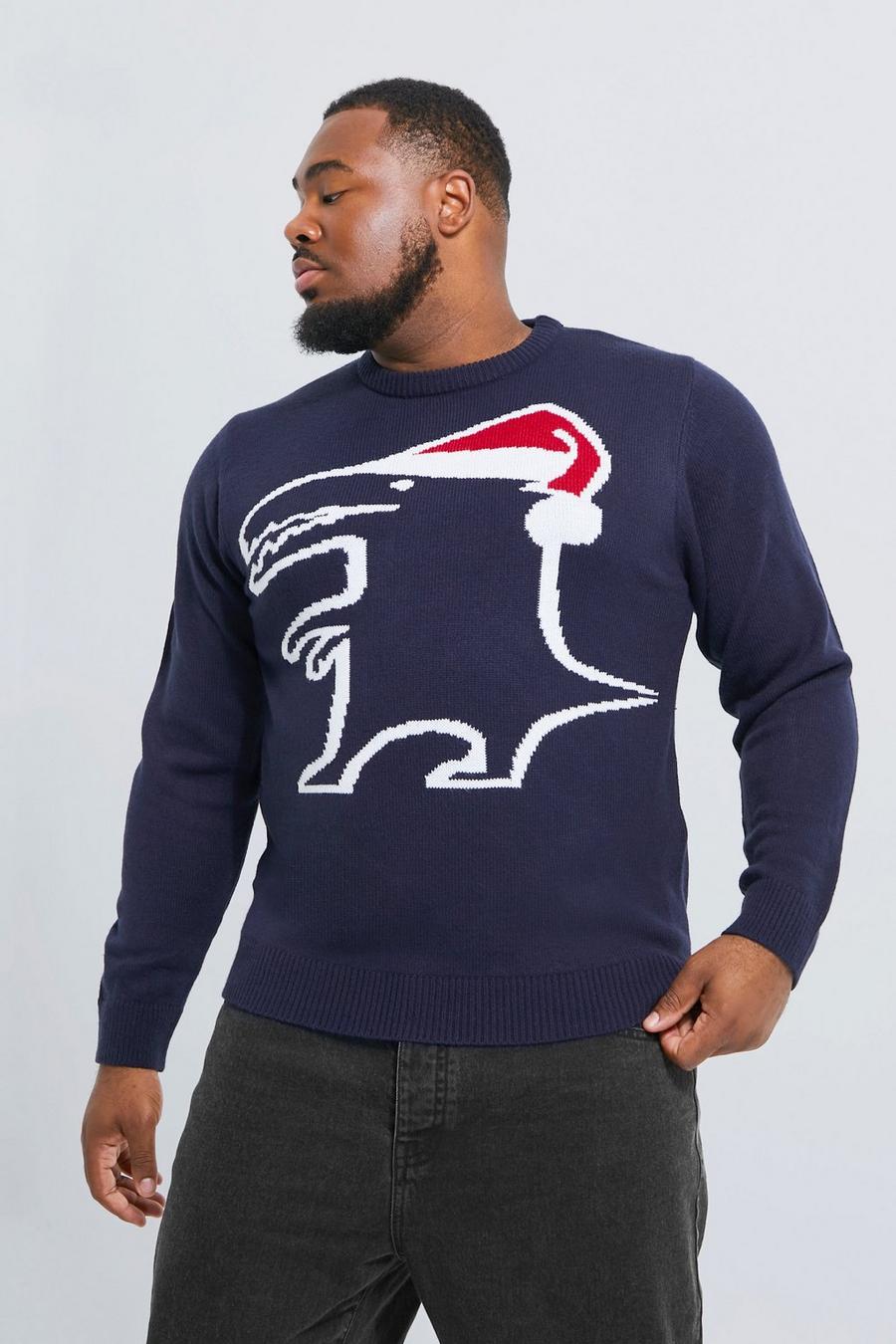 Maglione natalizio Plus Size con grafica di dinosauro effetto stencil, Navy blu oltremare image number 1