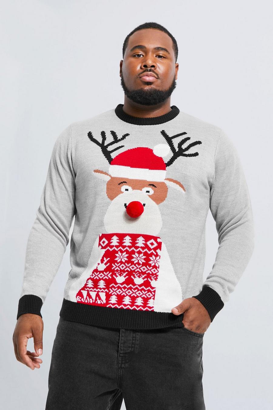 Grey marl Plus Reindeer Santa Hat Christmas Sweater