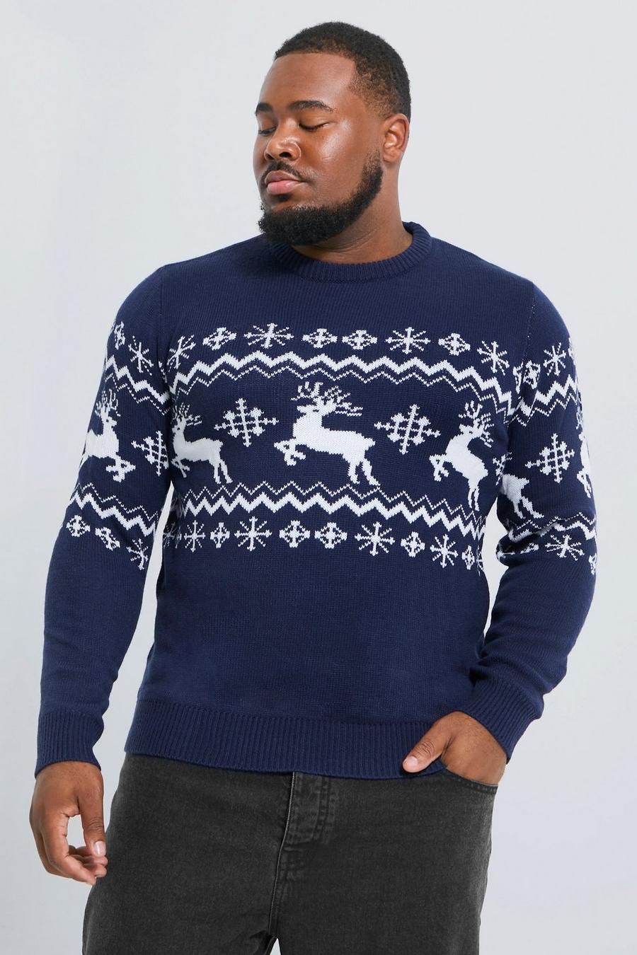 Maglione natalizio Plus Size con renne, pannelli e motivi Fairisle, Navy azul marino