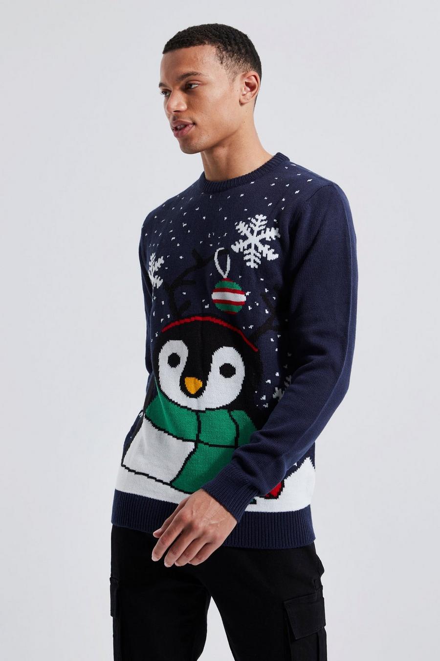 Navy Tall Novelty Penguin Christmas Sweater image number 1