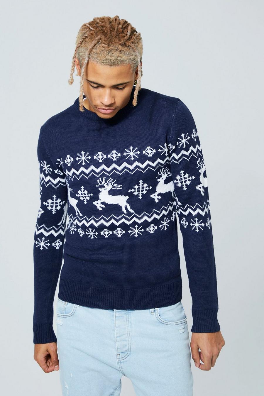 Navy Tall Reindeer Fairisle Panel Christmas Sweater image number 1