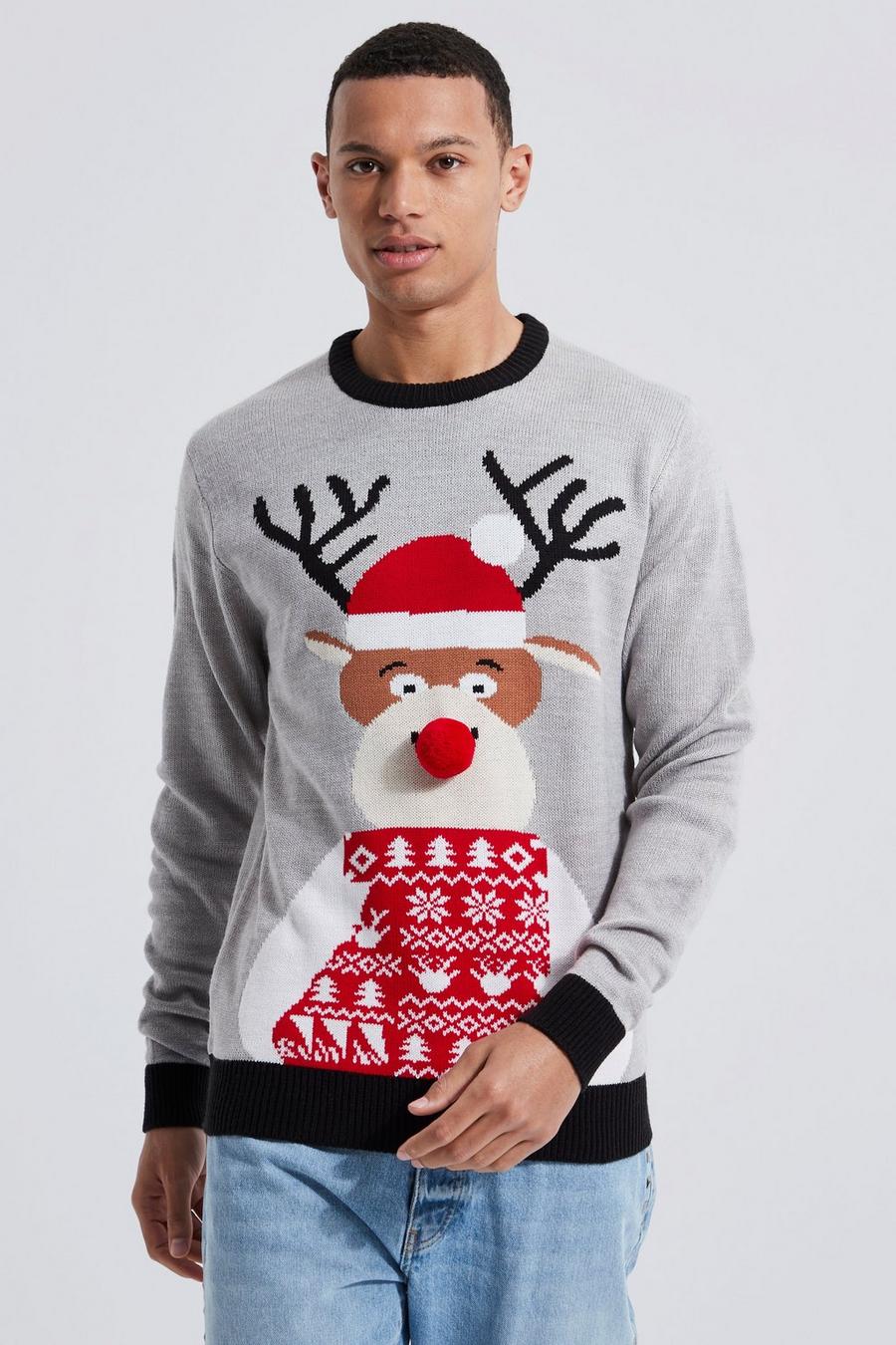 Jersey Tall navideño con estampado de reno con gorro de Papá Noel, Grey marl gris