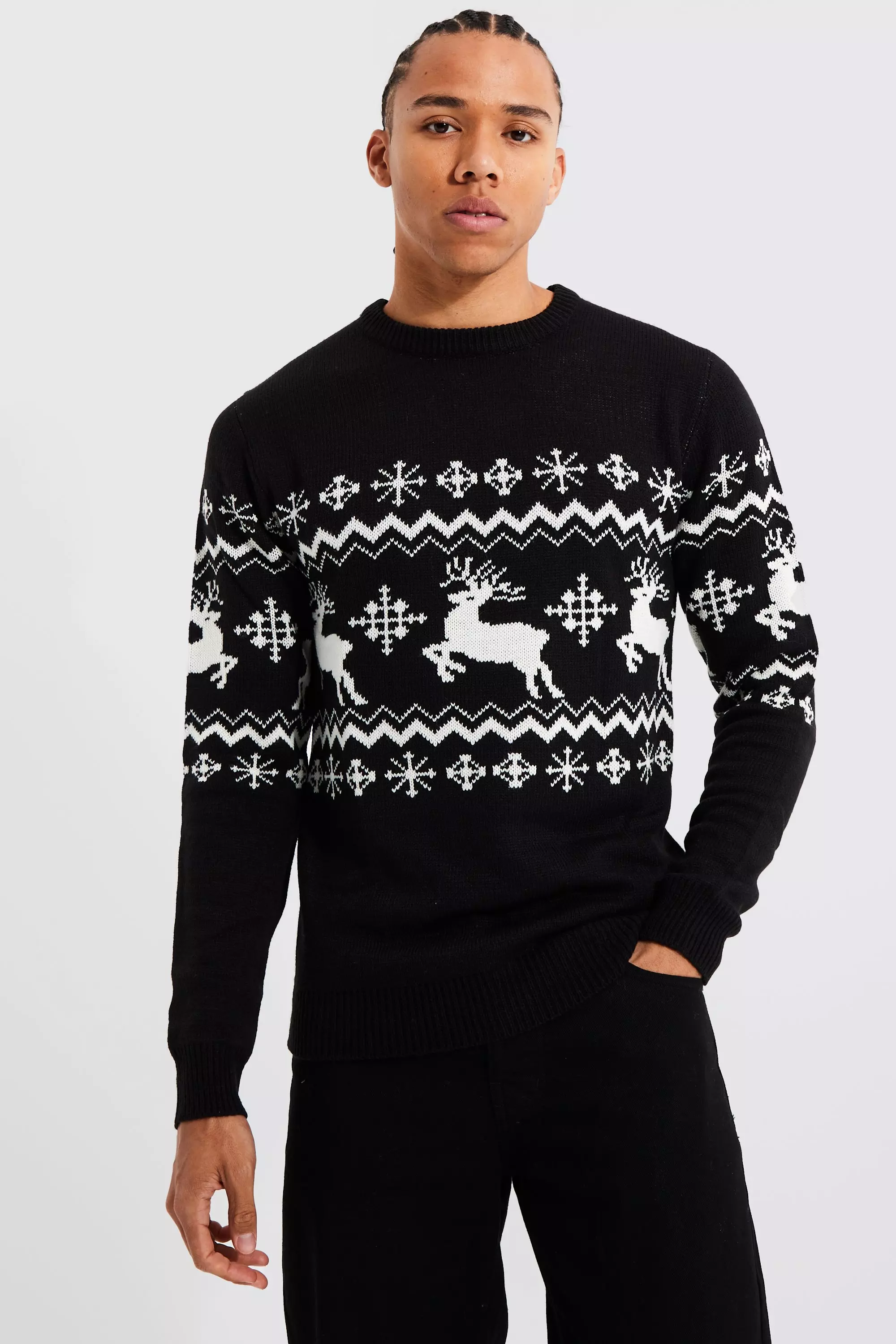 Black Tall Reindeer Fairisle Panel Christmas Jumper alternative image