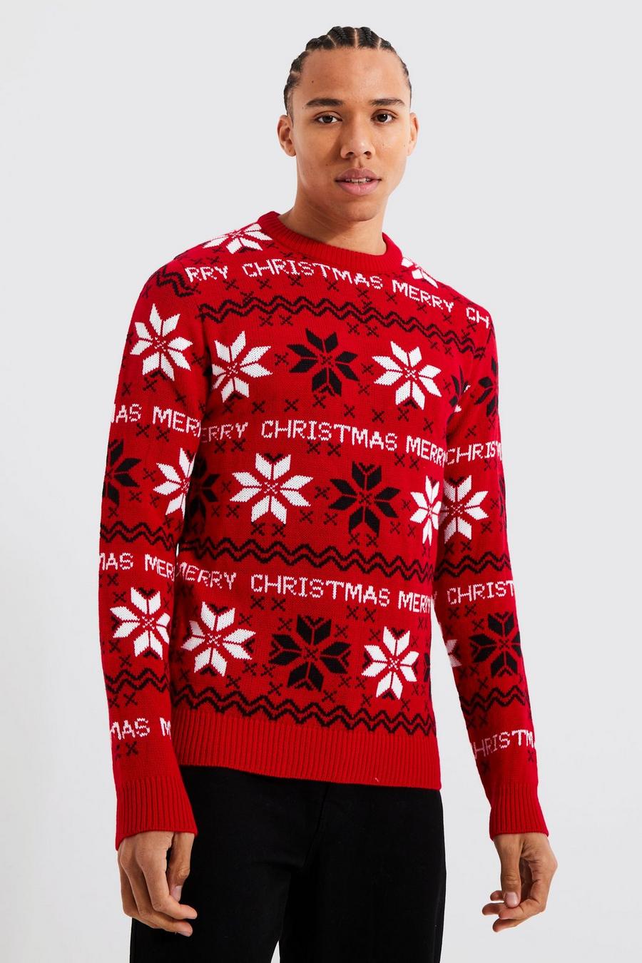 אדום סוודר בסגנון פייר אייל וכיתוב Merry Christmas, לגברים גבוהים