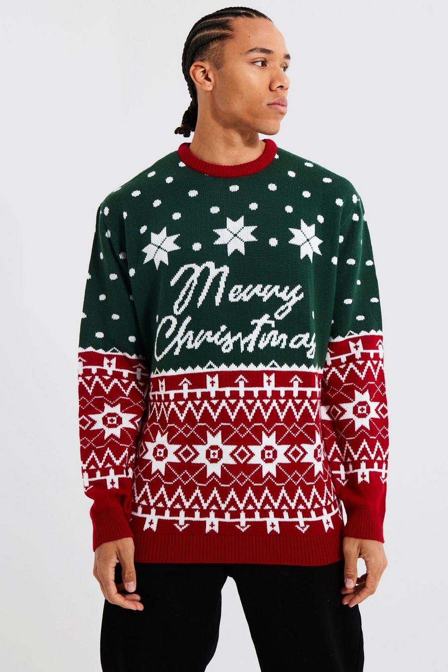 Green Tall Oversized Merry Christmas Knitted Jumper image number 1