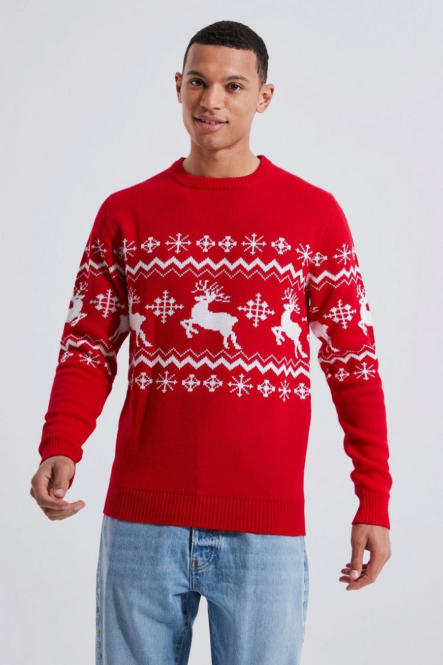 אדום סוודר לחג המולד עם פאנל אייל הצפון בסגנון פייר אייל, לגברים גבוהים
