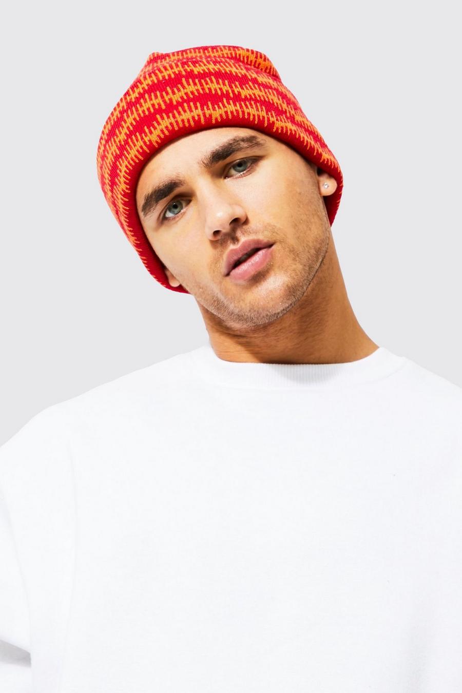 Red Patterned Jacquard Beanie image number 1