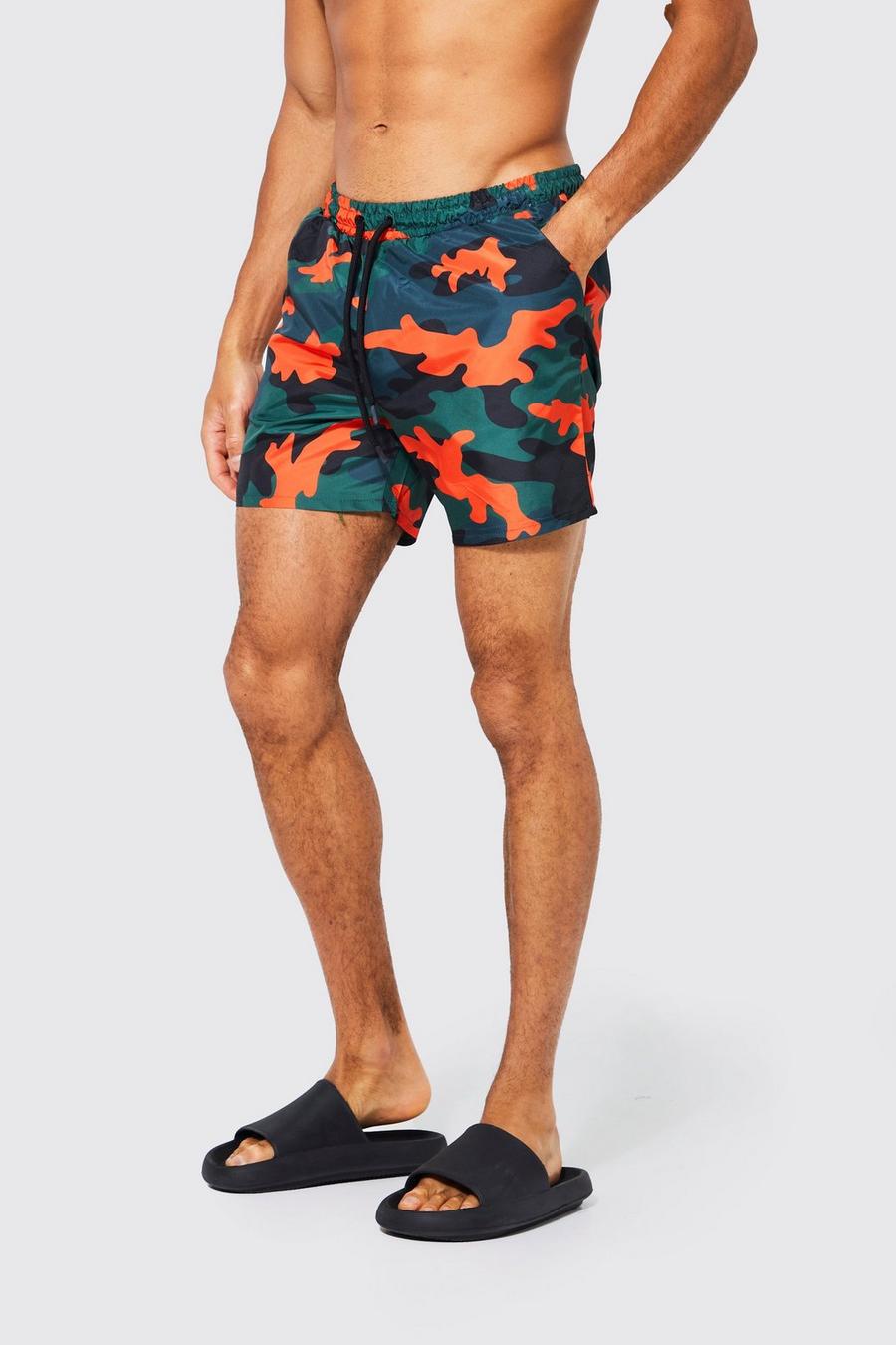 Orange Camo Print Mid Length Swim Shorts image number 1