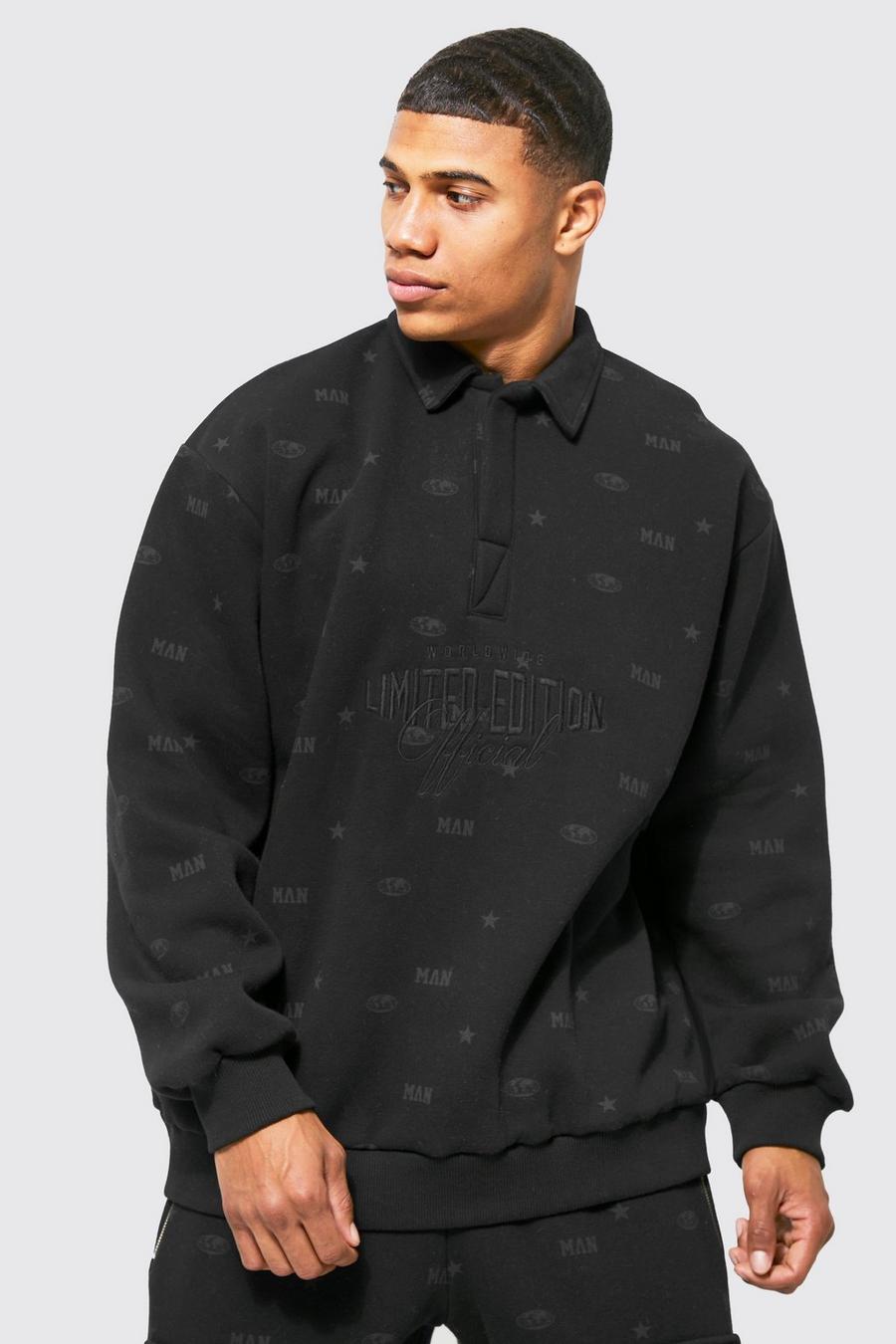 Black Oversized All Over Print Rugby Sweater image number 1