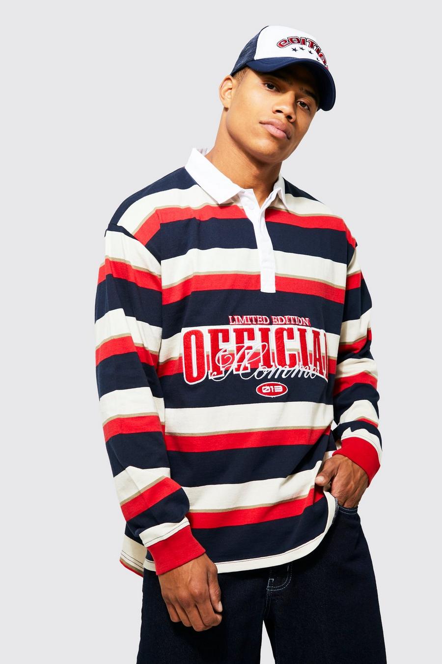 Navy Oversized Stripe Official Long Sleeve Polo image number 1