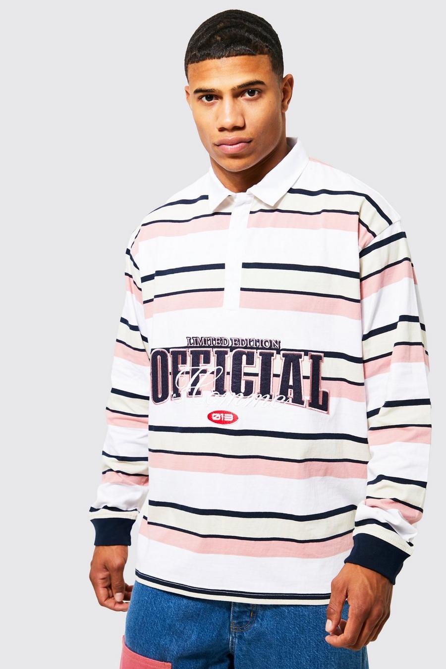 Ecru Oversized Stripe Official Long Sleeve Polo image number 1